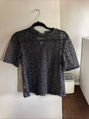 LOFT Black Lace Short-Sleeve Crewneck Top
